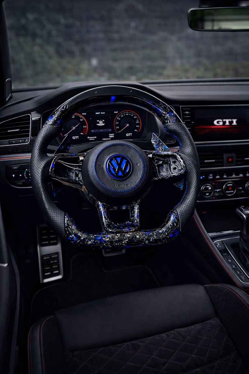 VW MK 7 Custom Made Blue Forged Carbon Steering with Custom Blue Air Bag & Long Padle Shifters | 2013-2019 - Image 2