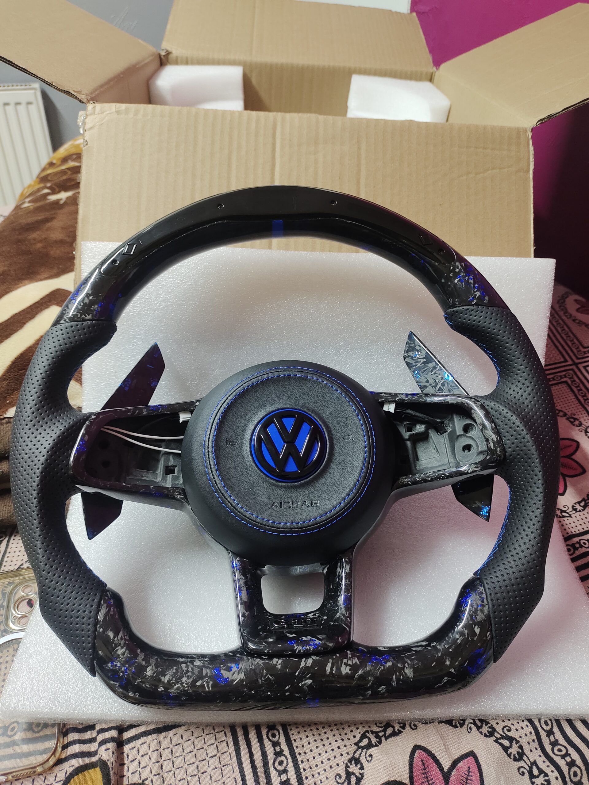 VW MK 7 Custom Made Blue Forged Carbon Steering with Custom Blue Air Bag & Long Padle Shifters | 2013-2019 - Image 3