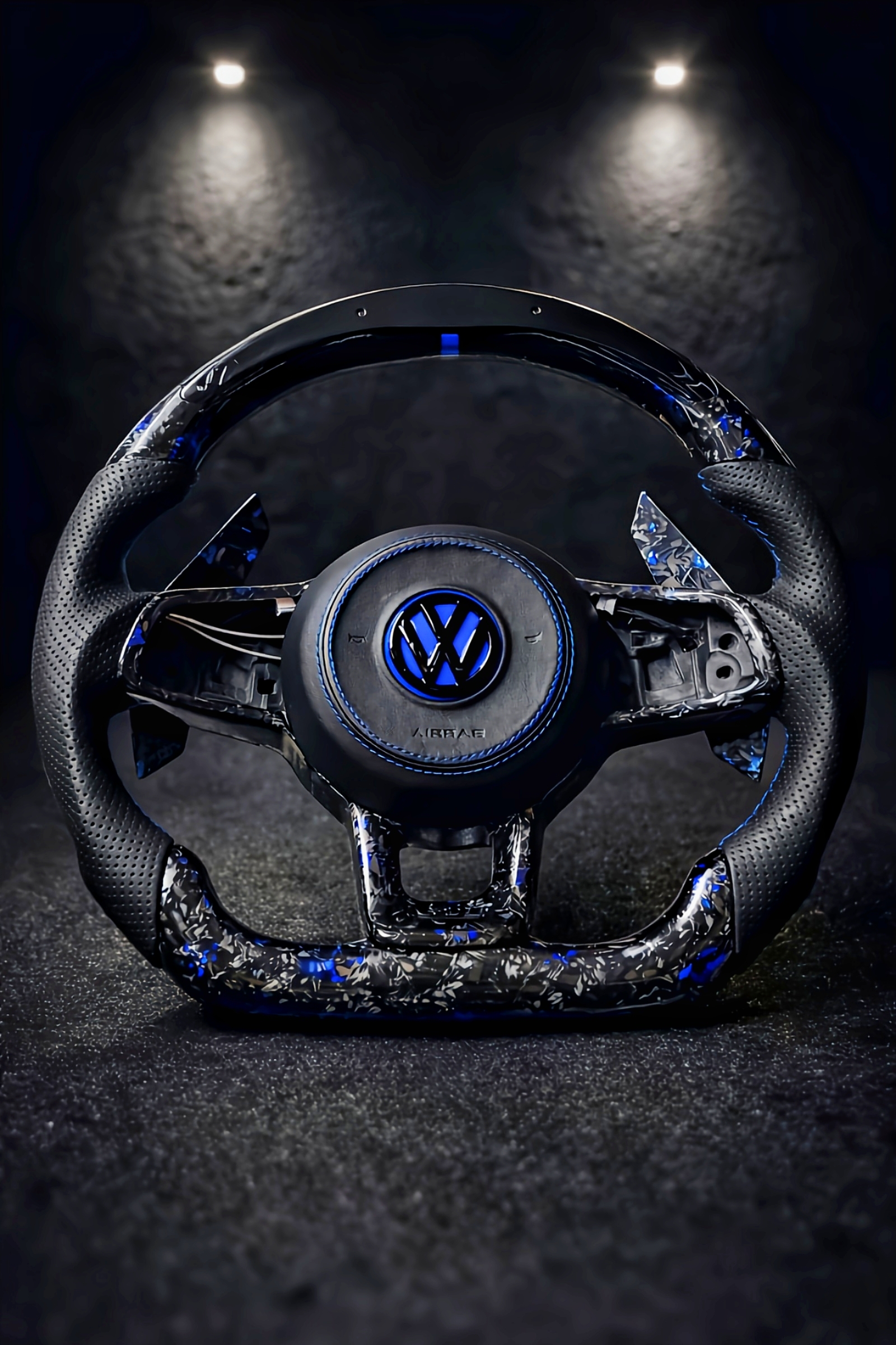 VW MK 7 Custom Made Blue Forged Carbon Steering with Custom Blue Air Bag & Long Padle Shifters | 2013-2019