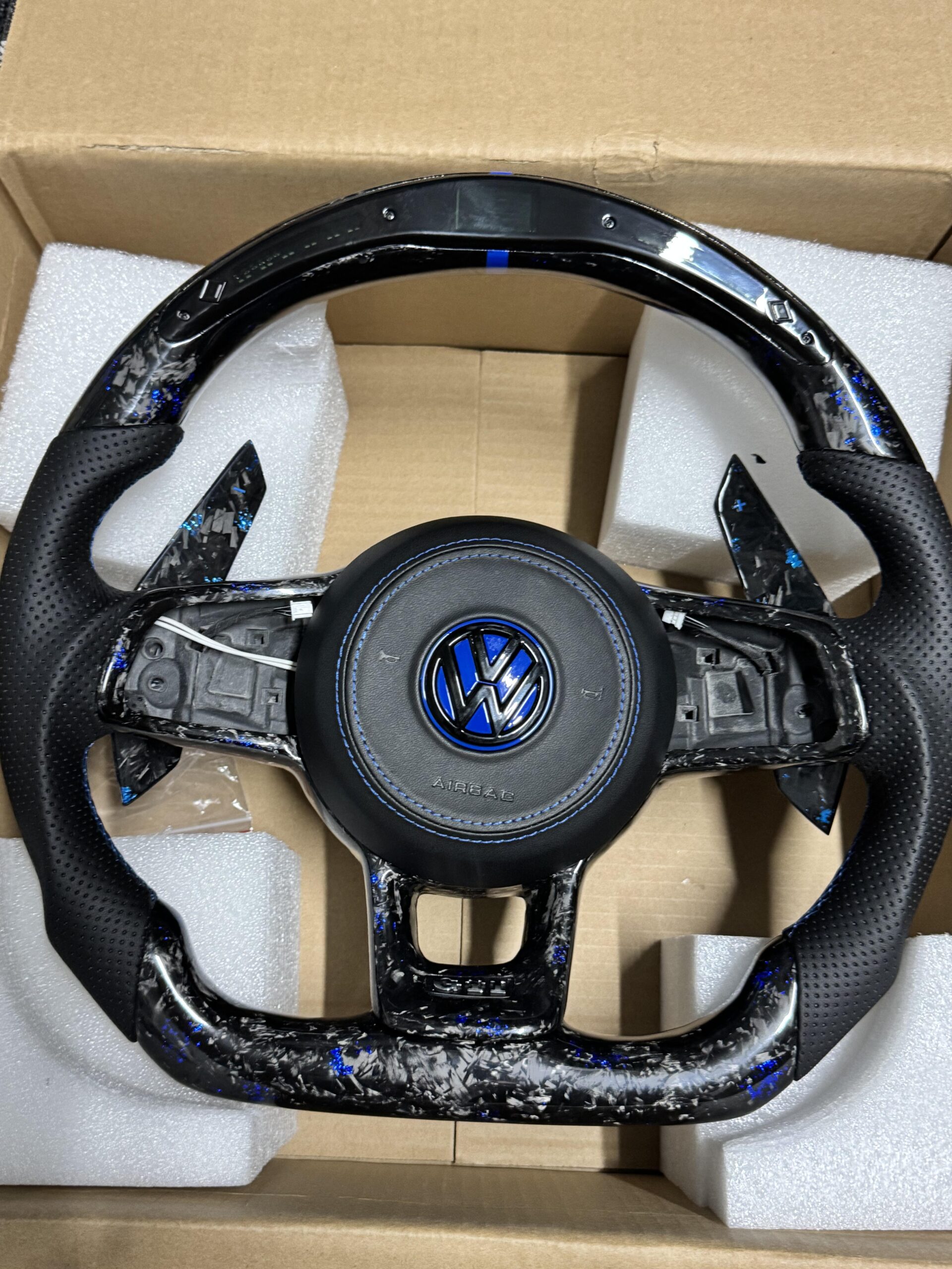 VW MK 7 Custom Made Blue Forged Carbon Steering with Custom Blue Air Bag & Long Padle Shifters | 2013-2019 - Image 6
