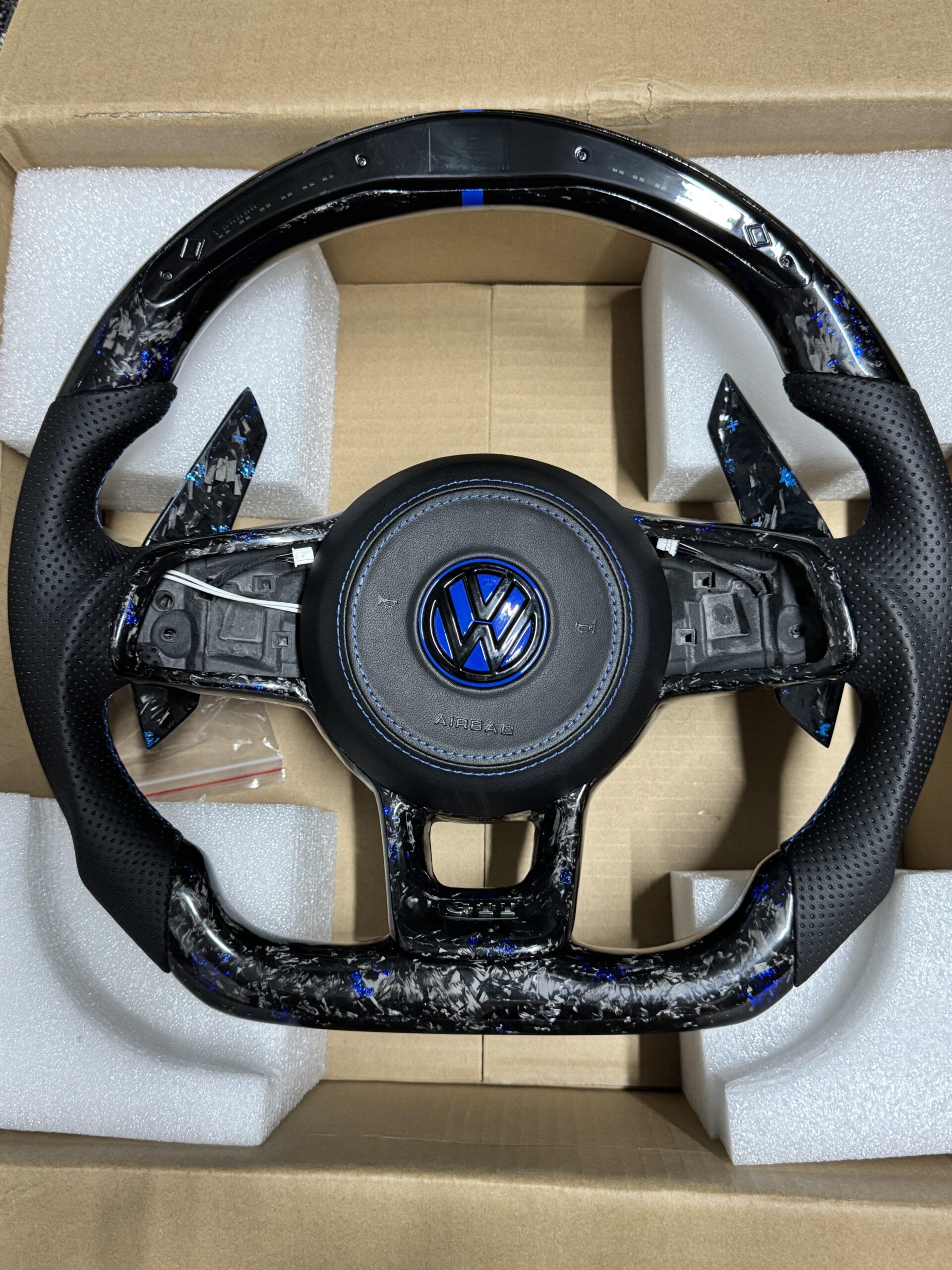 VW MK 7 Custom Made Blue Forged Carbon Steering with Custom Blue Air Bag & Long Padle Shifters | 2013-2019 - Image 4